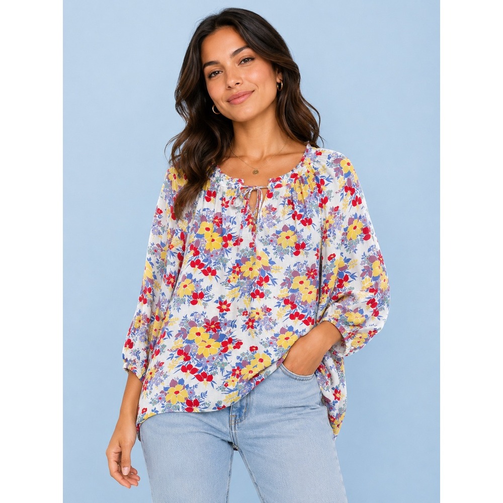 Jones & Co Jones New York Floral Peasant Blouse 1X  Boho Romantic 3/4 Sleeve
